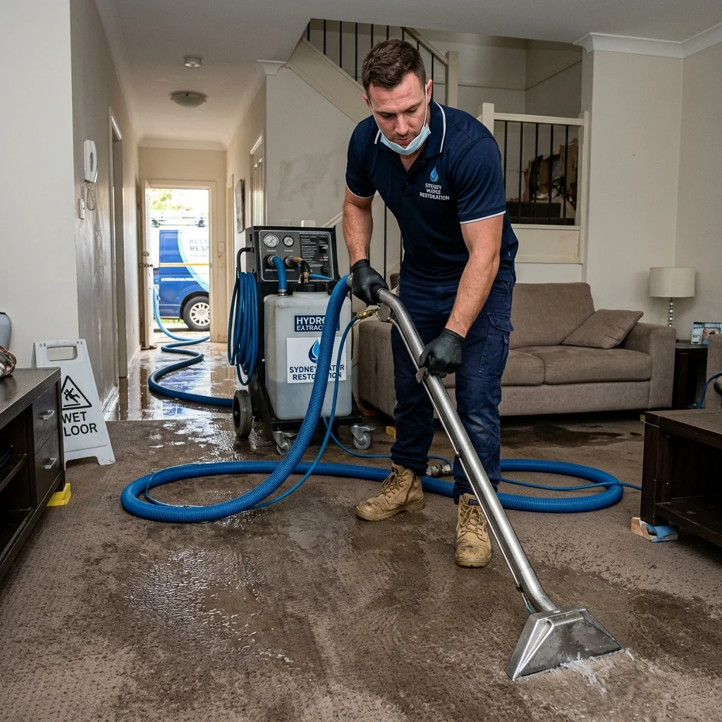 Flood damage restoration technician extracting water in a Sydney home