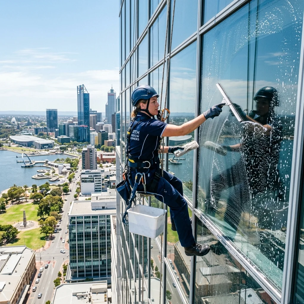 Professional window cleaner cleaning glass on a Perth commercial building